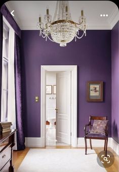 a purple room with a chandelier hanging from the ceiling and a white rug on the floor