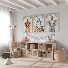 a baby's room with animal pictures on the wall and toys in bins