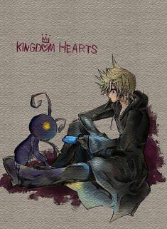 an anime character sitting on the ground next to a stuffed animal and text that reads kingdom hearts