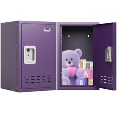 a purple locker with a teddy bear in it