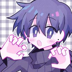 an anime character with purple hair and blue eyes is posing for the camera in front of a checkered background