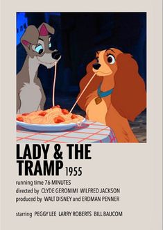 lady and the tramp poster with lady and dog eating spaghetti in front of them