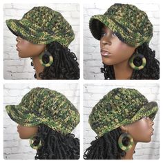 three pictures of a woman wearing a green hat with ear rings on her head and two photos of the same person's hair