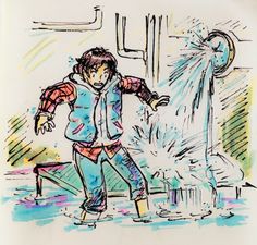 a drawing of a boy standing in front of a water sprinkler with his arms outstretched