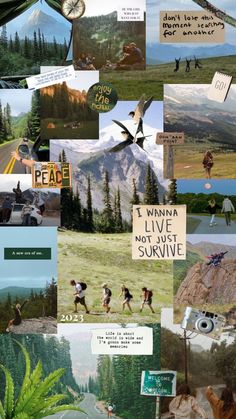 the collage has many different pictures and words on it, including mountains, trees, and people