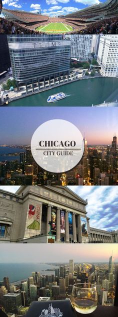 the chicago city guide is shown in three different pictures