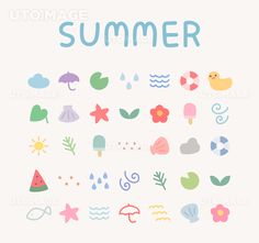 an image of the word summer surrounded by different types of icons and shapes on a white background