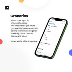 an iphone with the text groceries on it and colorful circles in the background that says groceries