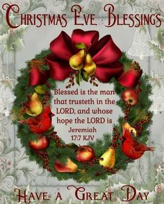 a christmas card with a wreath and pomegranates on it, featuring the words'christmas eve blessing '