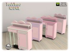 three pink dressers sitting next to each other on a wooden floor