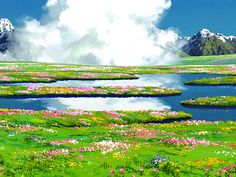 a painting of flowers and water in the middle of a field with mountains in the background