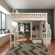 a loft bed with desk underneath it in a small room next to a large window