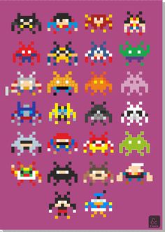 an image of pixel art with different types of characters on the front and back side