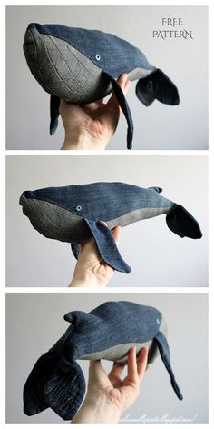 three pictures show how to make a stuffed whale out of denims and fabric material