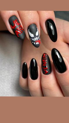 Venom Nail Art, Marvel Nails Designs, Jjk Nails, Venom Nails, Teen Nail Art, Rock Nails, Teen Nails