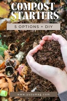 someone holding their hands in the dirt with text overlay that reads compost starters 5 options + diy