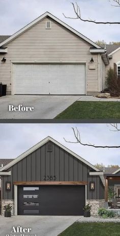 before and after pictures of a new home in the suburbs, with garage doors open