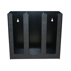 two black wall mounted speakers with one speaker on each side and the other behind it