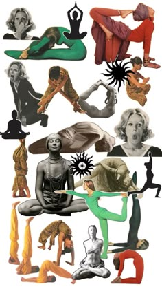 a collage of people doing yoga poses in different colors and sizes, all with their hands on their hips