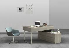 an office desk with a laptop on it next to a blue chair and white wall