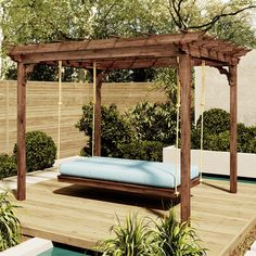 a bed sitting on top of a wooden platform next to a pool