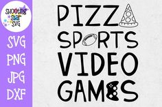 the words pizza sports video games are in black and white on a purple background with an image of a football helmet