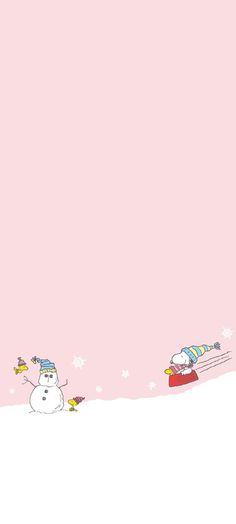 two snowmen are in the middle of a pink background with white snowflakes