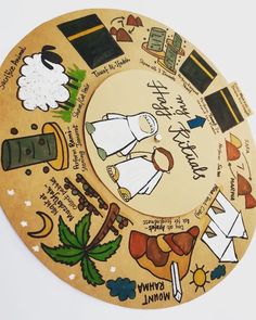 a wooden plate with an image of the four main things on it, including sheep, kites and other items