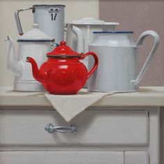 a painting of teapots and kettles on a kitchen counter