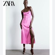 Questions? Leave A Comment Below! Satin Camisole Dress, Satin Camisole, Pink Lilac, Camisole Dress, Zara Dresses, Midi Dress, Zara, Satin, Pink