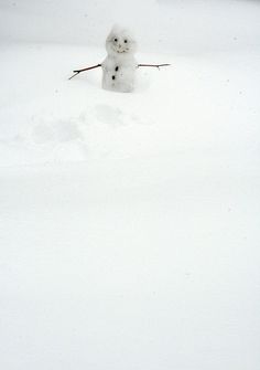 a snowman is standing in the middle of a snowy field, with his head turned to look like he's making a face