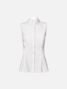 PLEATED S/L SHIRT WHITE Fitted Sleeveless Blouse For Office, Cotton Sleeveless Blouse For Work, Cotton Vest Blouse For Work, Elegant Cotton Sleeveless Blouse Vest, Elegant Sleeveless Cotton Vest, Classic Cotton Tank Top For Work, Timeless Fitted Cotton Blouse, Timeless Tailored Tops For Office, Sleeveless Shirt For Spring Workwear