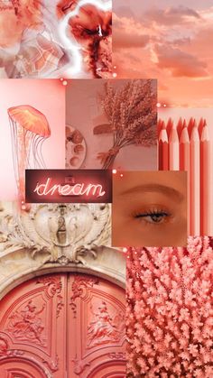 a collage of photos with pink and orange colors