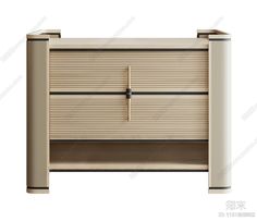 an empty wooden cabinet with two doors and one drawer on the bottom, in front of a white background