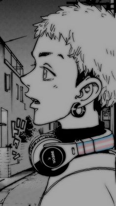 a drawing of a boy with headphones on looking at something in front of him