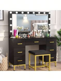 a vanity with stool and mirror in a room