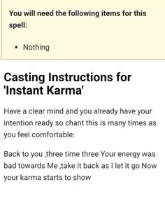 an email message with the text casting instructions for instant karma