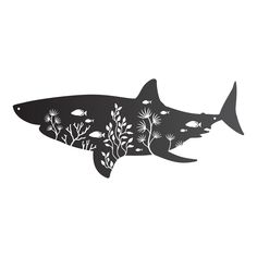 a black and white drawing of a shark with sea plants on it's side