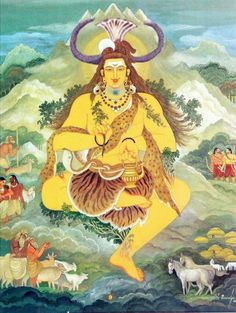 an image of the god sitting on top of a hill with animals around him and other people in the background