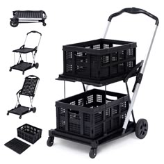 three tiered shopping cart with wheels and baskets on each side, all in different positions