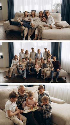 the family is sitting together on the couch in their living room and posing for pictures