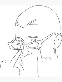 a line drawing of a man with glasses on his face looking up at the sky