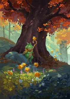 a cartoon character standing in front of a tree with leaves on it's branches