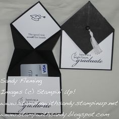 an origami graduation card holder is shown in black and white with the graduate's name on it