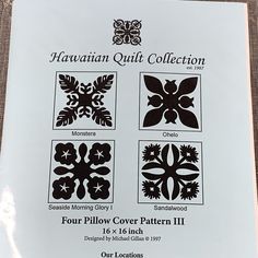 the hawaiian quilt collection four pillow cover pattern ii is shown in black and white colors