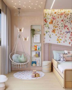 a child's bedroom decorated in pastel colors with hanging hammock and toys