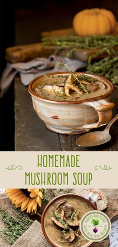 homemade mushroom soup in a bowl with spoons and sunflowers on the side