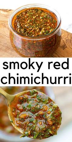 a spoon full of smoky red chimichurri on top of a wooden cutting board