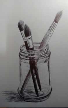 pencil drawing of two brushes in a jar