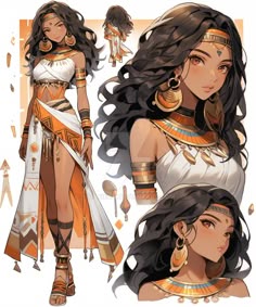 an egyptian woman with long black hair wearing gold jewelry and headdress, standing in front of a white background